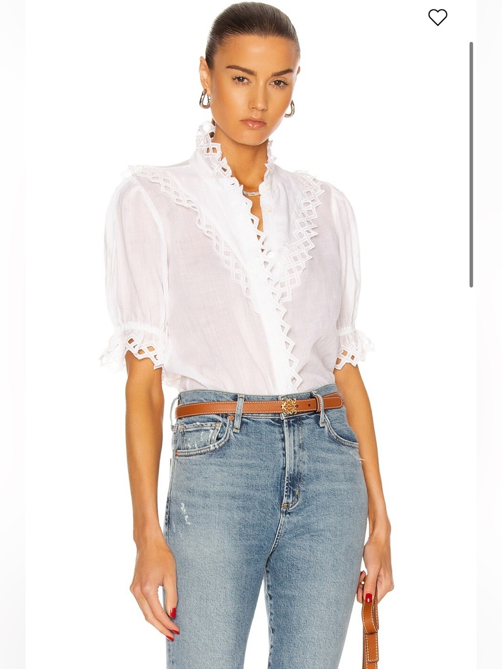 FRAME Embroidered High Neck Short Sleeve Top Medium